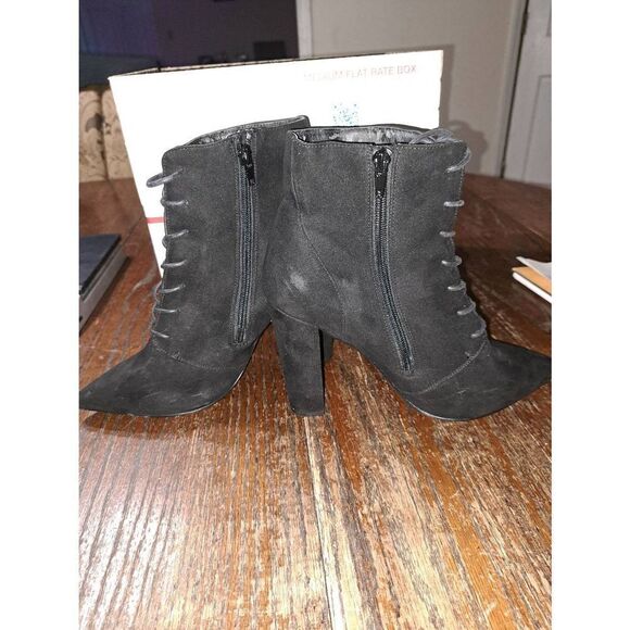 Size 7 ASOS Black Lace Up Zip Chunky High Heel Ankle Boots Booties Pointed Toe - Picture 5 of 10